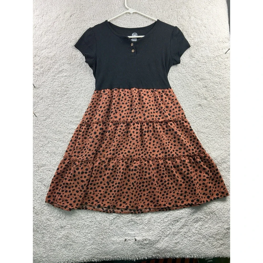 Wonder Nation Two-Tone Tiered Short Sleeve Dress Black Girls XL (14-16)